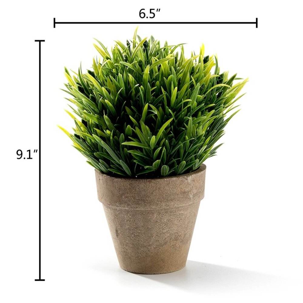Mini Faux  Green Grass Plant as a Tabletop Arrangement in a Gray Pot
